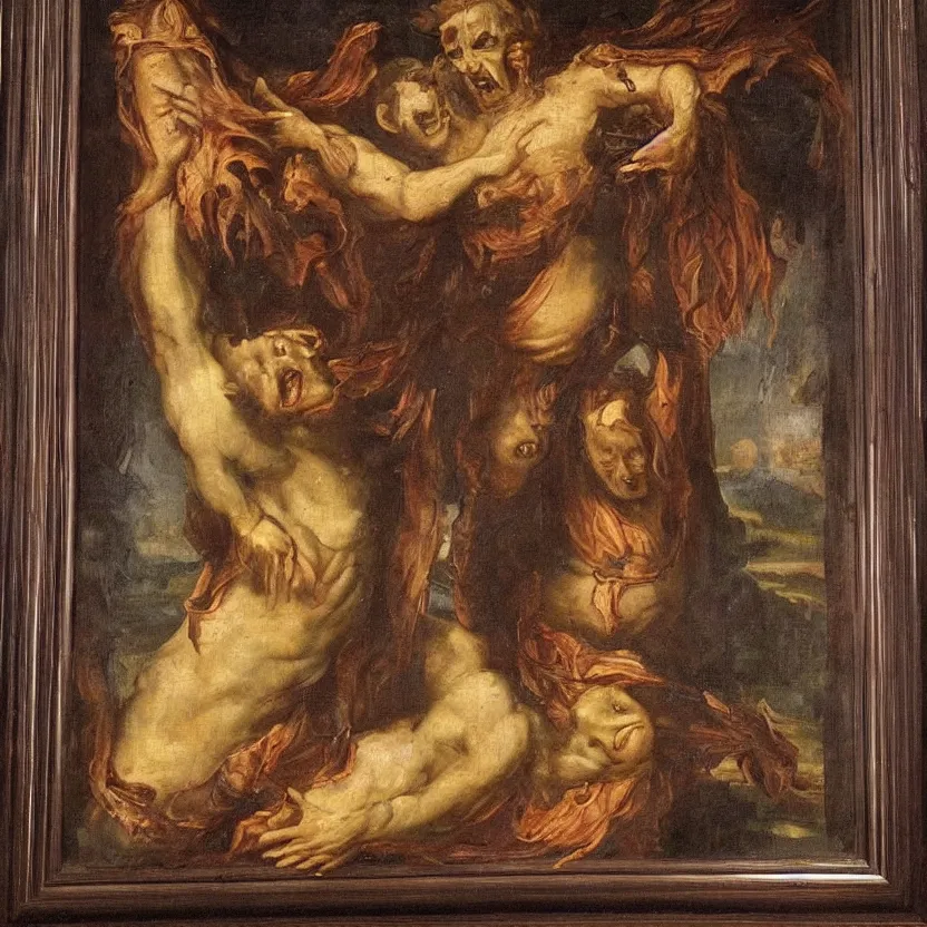 Prompt: a monster reaching through a framed painting, pulp horror. baroque period, oil on canvas. renaissance masterpiece