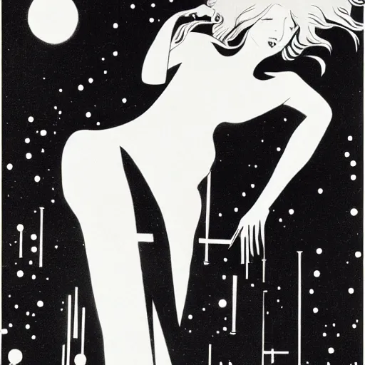 Prompt: beautiful blonde woman in german expressionism film playing large moog!!! synthesizer under stars, style of aubrey beardsley