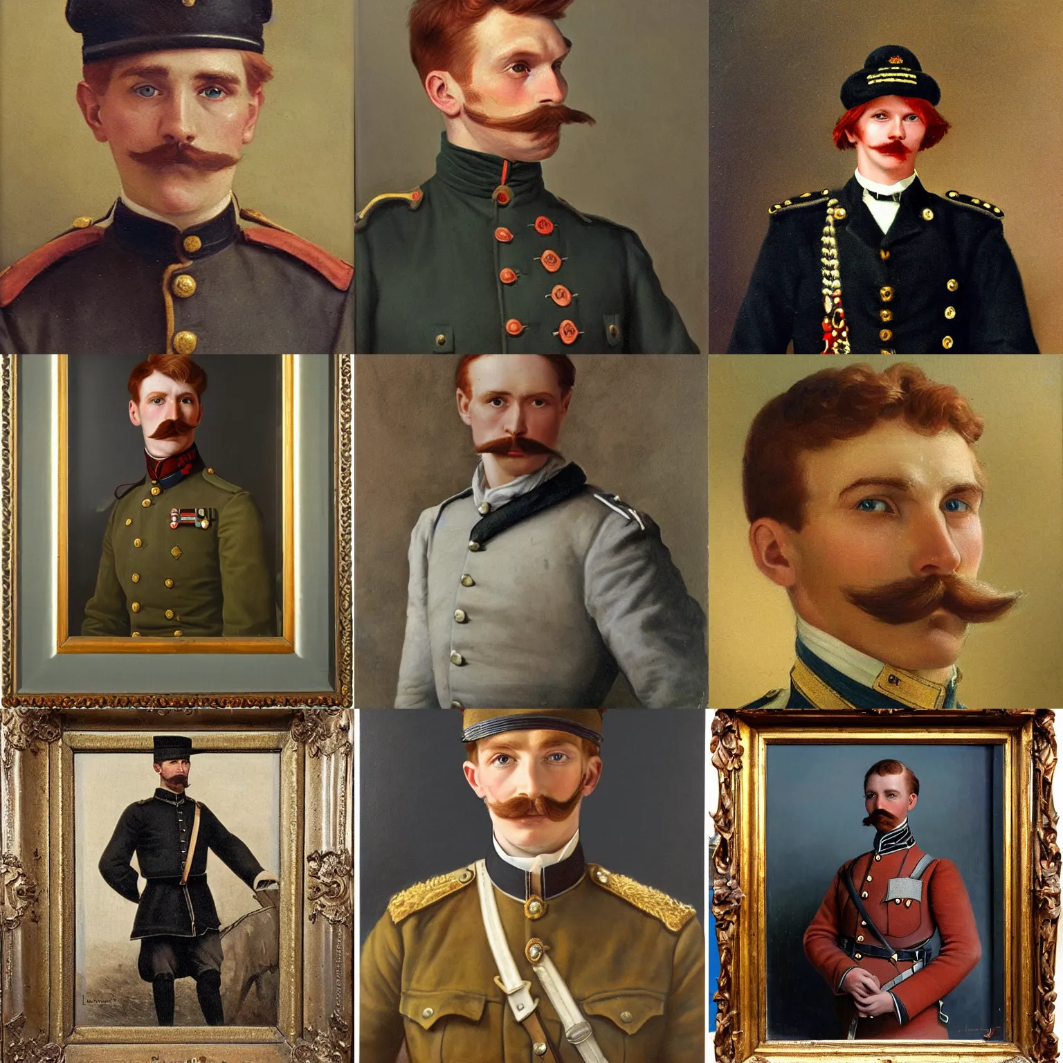 Prompt: late 1 9 th century, austro - hungarian!!! soldier ( handsome, 2 7 years old, redhead michał zebrowski with a small mustache ). old, detailed, hyperrealistic, 1 9 th century, full length, oil painting by munkacsi, and mednyanszky laszlo
