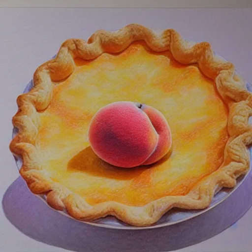Image similar to Colored pencil art on paper, Peach pie slice on a plate, highly detailed, artstation, MasterPiece, Award-Winning, Caran d'Ache Luminance