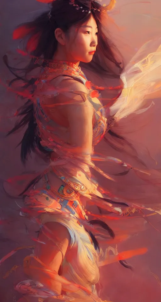 Image similar to beautiful asian ethnic warrior girl, digital illustration by ruan jia on artstation, outlined by whirling illuminated neon lines and fine lines swirling in circles by jesper ejsing and rhads and makoto and shinkai and lois van baarle, digital art, trending on artstation