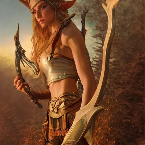 Image similar to Elven Huntress, detailed, centered, digital painting, artstation, concept art, donato giancola, Joseph Christian Leyendecker, WLOP, Boris Vallejo, Breathtaking, 8k resolution, extremely detailed, beautiful, establishing shot, artistic, hyperrealistic, beautiful face, octane render, cinematic lighting, dramatic lighting, masterpiece