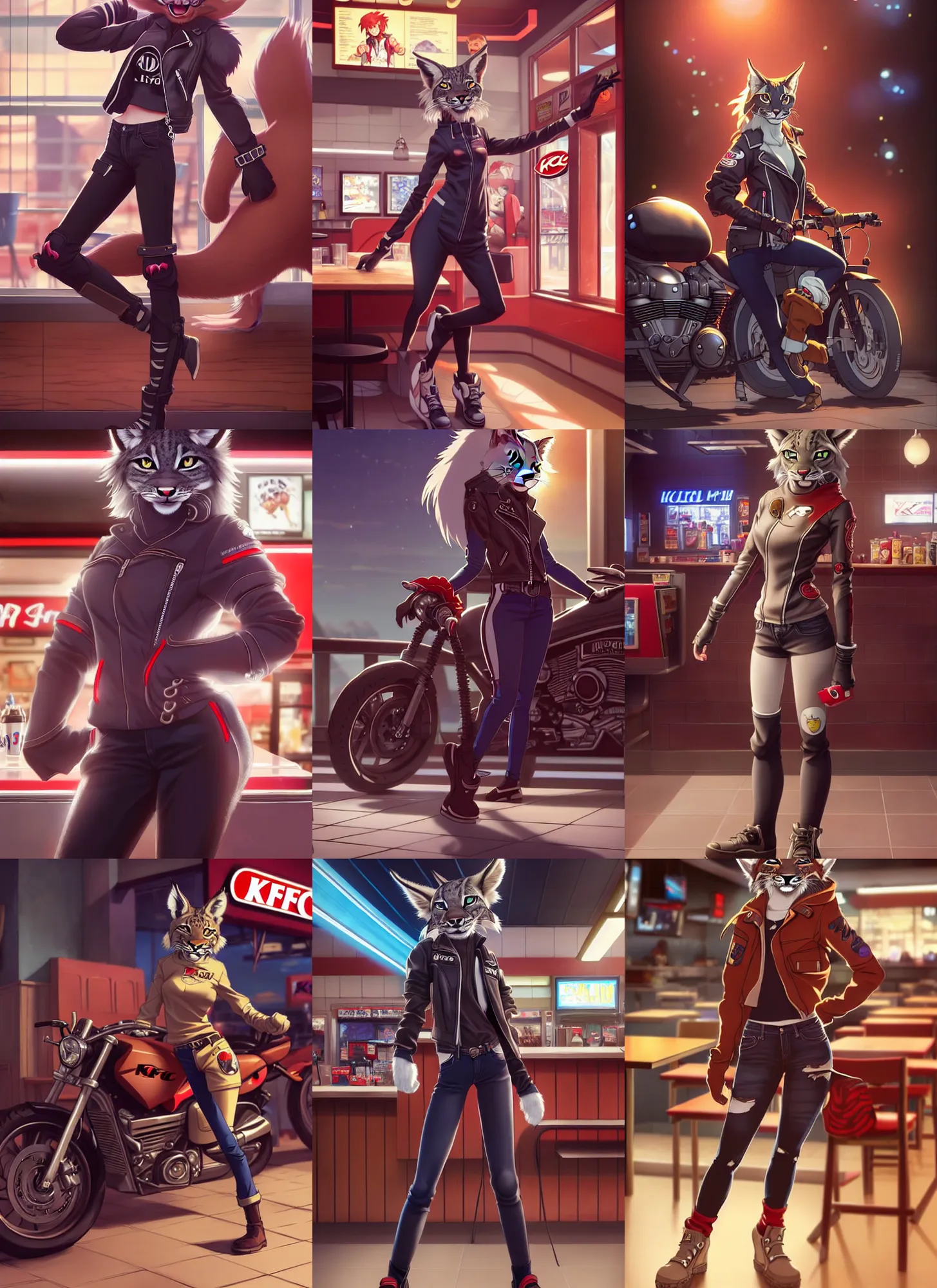 Prompt: wide angle beautiful full body portrait of a strong female anthropomorphic anthro lynx fursona wearing biker clothes inside a kfc. character design by disney, anime, manga, charlie bowater, ross tran, artgerm, and makoto shinkai, detailed, soft lighting, rendered in octane