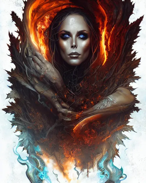 Image similar to liquid smoke and fire nicole aniston, autumn overgrowth, ancient relic archaic burning inscriptions, peter mohrbacher, artgerm, ross tran