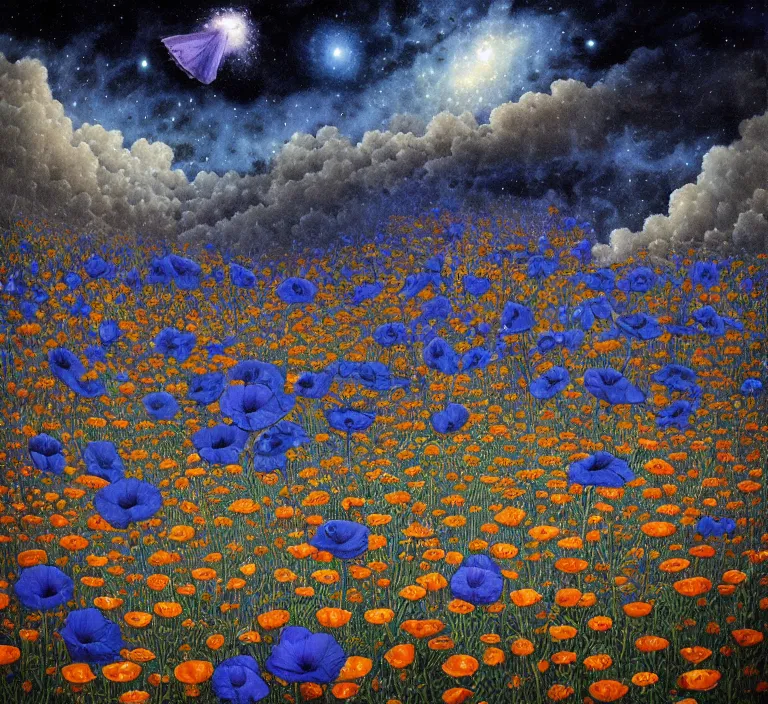 Image similar to detailed, intricate blue black and purple papaverum flower on the field, nebula, galaxy in the sky, winning award masterpiece, fantastically beautiful, illustration, aestheticly inspired, jacek yerka, upscale with anguissola sofonisba work, artstation, 8 k