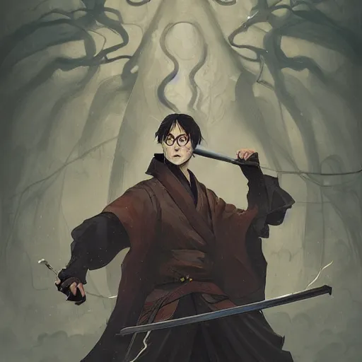 Prompt: harry potter as an samurai, backround dark, highly detailed, digital illustration, trending in artstation, modern painting, smooth, sharp focus, intricate, by peter mohrbacher