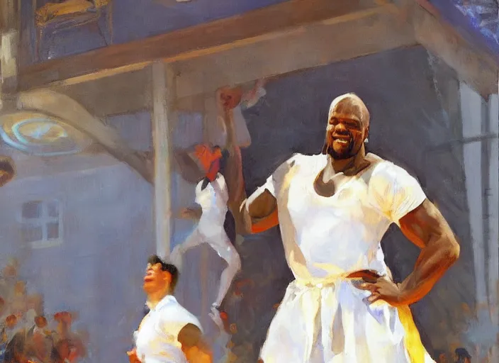 Prompt: a highly detailed beautiful portrait of shaq wearing a maid costume, by gregory manchess, james gurney, james jean