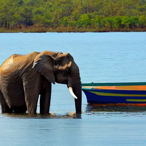 Prompt: an elephant standing on a boat wearing a fisher's hat.