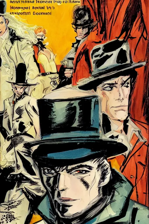 Image similar to sandman dream and corto maltese staring at each other, close up, portraits, comic book cover, art by hugo pratt