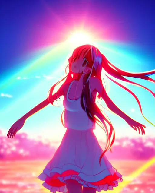 Prompt: anime style, vivid, colorful, full body, a cute girl with white skin and long pink wavy hair singing a song, heavenly, stunning, realistic light and shadow effects, happy, centered, landscape shot, happy, simple background, studio ghibly makoto shinkai yuji yamaguchi