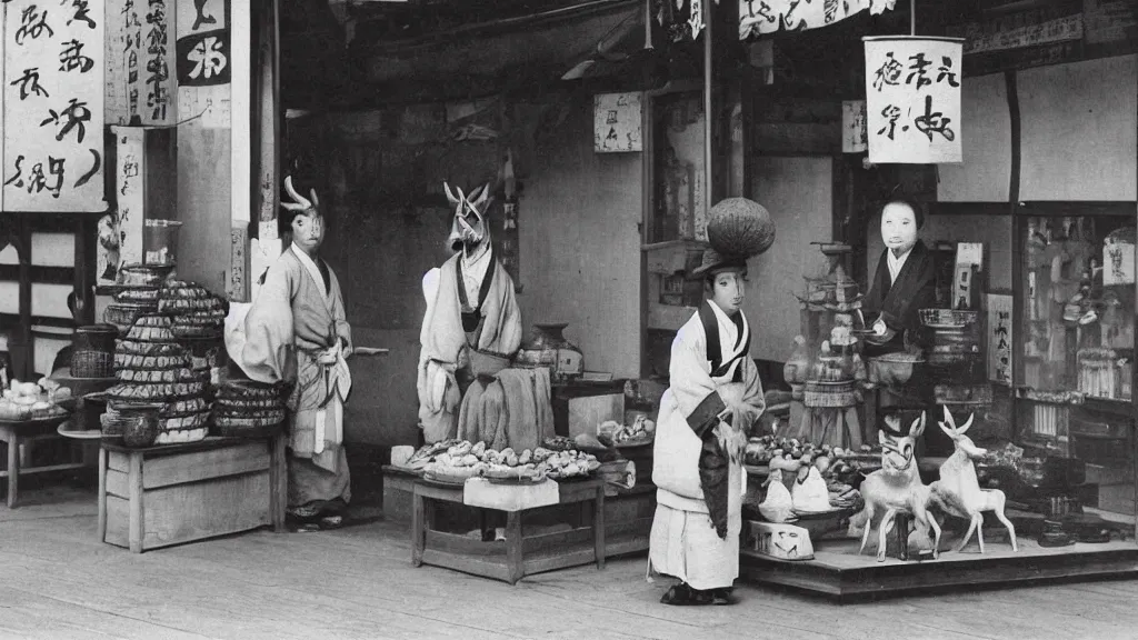 Image similar to 1 8 th century japanese street market in kyoto 1 9 0 0 s early photography portrait anthro anthropomorphic deer head animal person fursona wearing clothes street trader