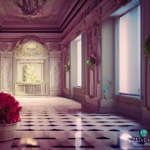 Image similar to vaporwave mansion, liminal space, high detail, rendered in unreal engine, 3d render, god rays, volumetric lighting, large windows, baroque, rococo, vegetation