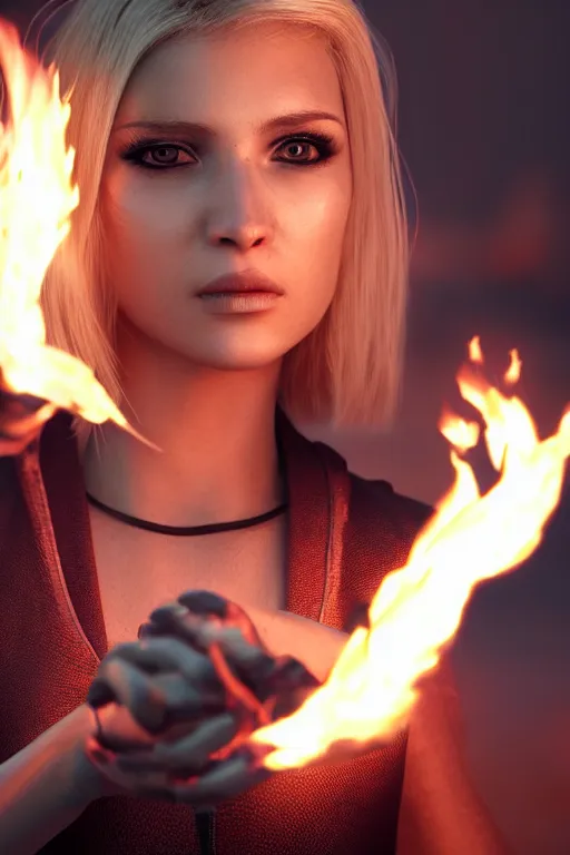 Prompt: young blond woman playing with fire in the palm of her hand, cyberpunk, realistic, high definition, many details, dramatic scene, symmetrical face, realistic eyes, unreal engine art 5