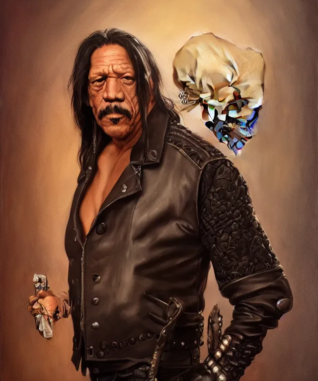 Prompt: danny trejo, cinematic, wearing a leather vest, holding a skull elegant, highly detailed, digital painting, artstation, smooth, hard focus, illustration, art by jessica rossier and and brian froud