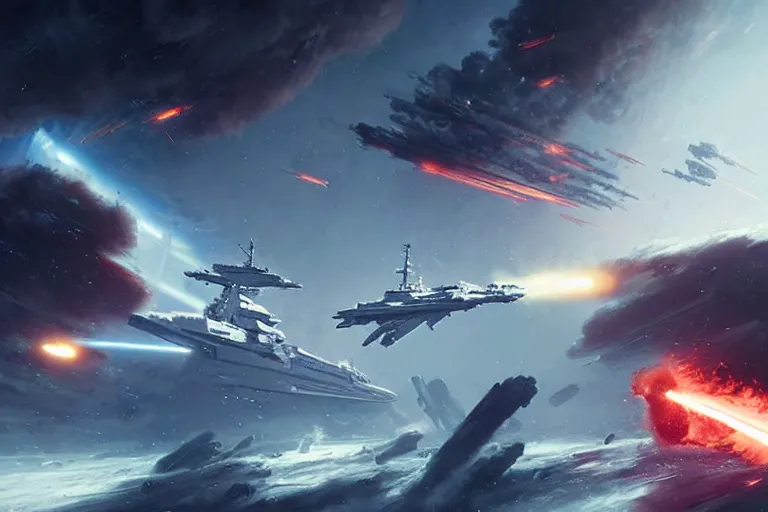 Image similar to large scale space battle, a large warship is exploding, epic science fiction digital art by greg rutkowski