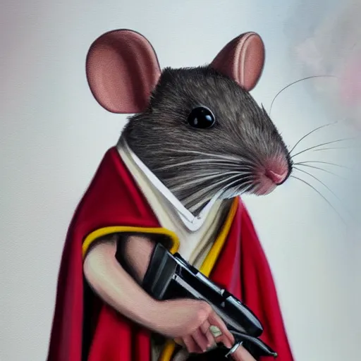 Prompt: painting of a rat in a cape holding a shotgun, digital art