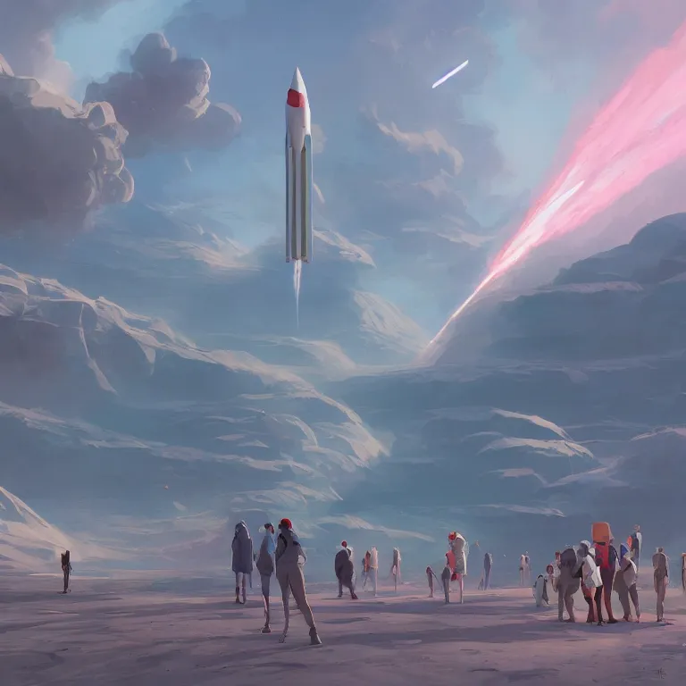 Image similar to people wait for a rocket launch on a far planet, retro, soft colors, futuristic, artstation, concept art, smooth, sharp focus, illustration, by Mandy Jurgens, digital painting