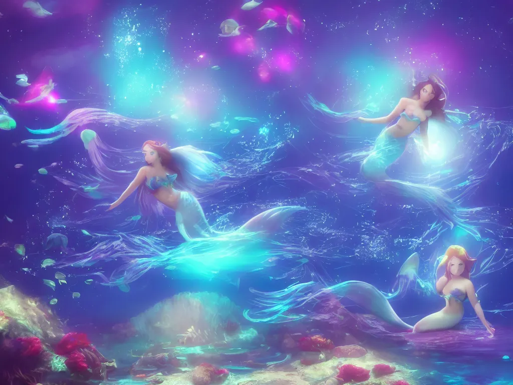 Prompt: dreamy portrait of a beautiful mermaid Ariel swimming underwater around bioluminiscent jellyfishes and fishes, anime, volumetric lighting, smooth 4k