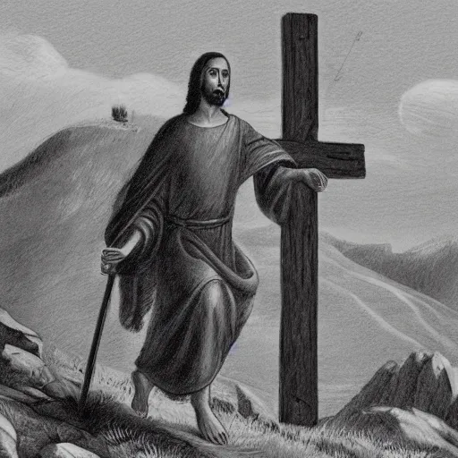 Image similar to pencil illustration of Jesus carrying the cross to the hill, detailed, 8k