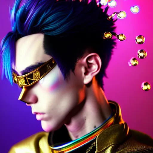 Prompt: hyperdetailed portrait of a stunningly beautiful cyberpunk cutie european boy with short dark hair guard made of iridescent metals and shiny pink gems, bright rainbow nimbus, gold necklace, gold background inspired by ross tran and masamune shirow and kuvshinov, intricate, photorealistic, octane render, rtx, hdr, unreal engine, dnd digital art by artgerm