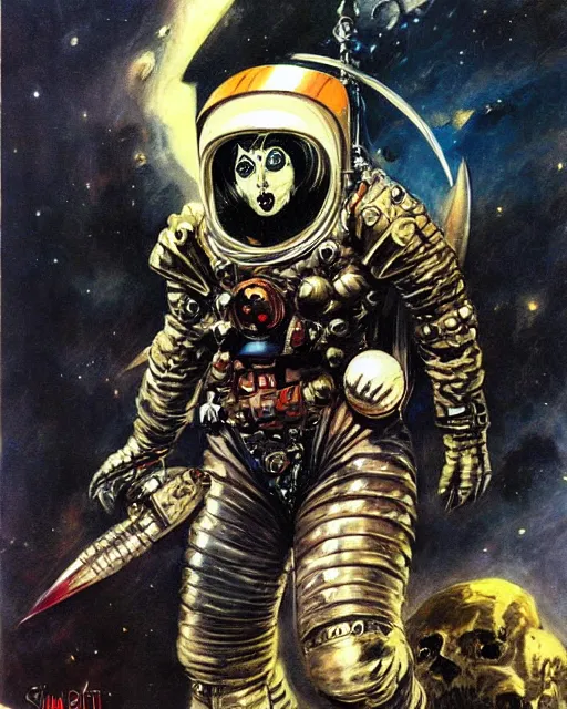 Image similar to portrait of a goth astronaut wearing armor by simon bisley, john blance, frank frazetta, fantasy, barbarian