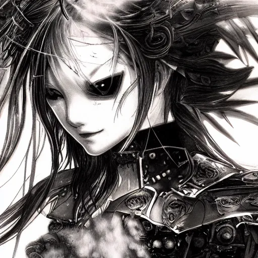 Prompt: Yoshitaka Amano blurred and dreamy illustration of an anime girl with the pirate eye patch hiding one eye, wavy white hair and cracks on her face wearing Elden ring armour with the cape fluttering in the wind, abstract black and white patterns on the background, noisy film grain effect, highly detailed, Renaissance oil painting, weird portrait angle