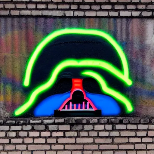 Image similar to a neon rainbow darth vader as grafitti on a brick wall.