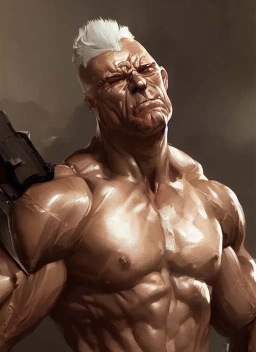 Prompt: detailed character concept illustration, strong muscular older soldier, white uncrop background, sharp focus, illustration, highly detailed, digital painting, concept art, matte, art by wlop and artgerm and greg rutkowski, masterpiece