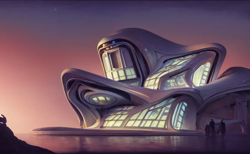 Prompt: exterior shot of utopian architecture laboratory with cinematic lighting by zaha hadid and renzo piano, darek zabrocki and greg ruthkowski, alphonse mucha, simon stalenhag, cinematic, lambda shape, scifi, futurism, atmospheric, sunset, concept art, artstation, trending on artstation