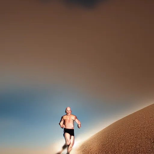 Image similar to Walter White running on the beach, artistic, 8k, cinematic, accurate, symetric, face, dramatic lighting, pastel colours, hdr