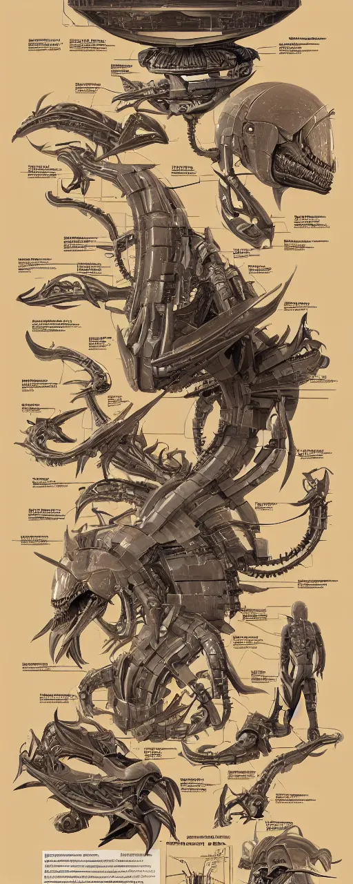 Prompt: schematic diagram of alien boss, biology, book, page, detailed, cross section, trending on artstation, cgsociety, Ralph McQuarrie and Greg Rutkowski