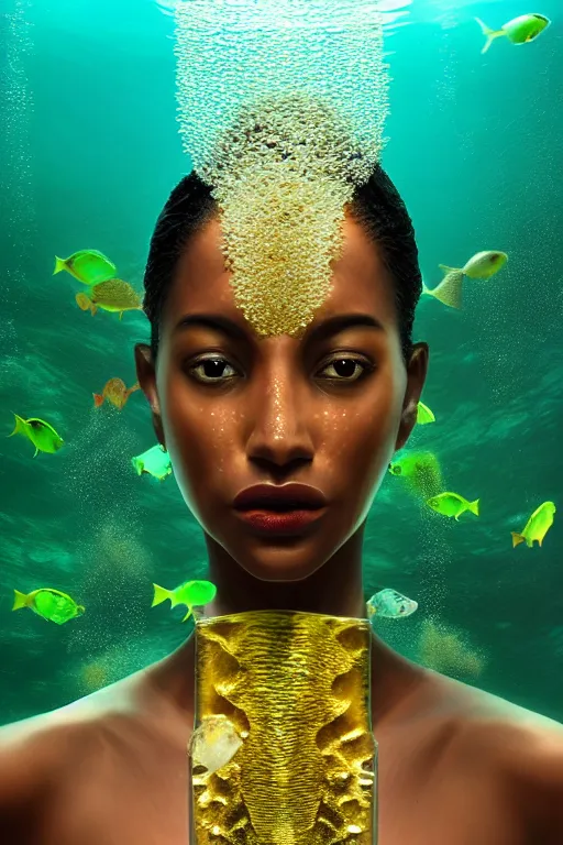 Prompt: hyperrealistic precisionist cinematic half underwater scene with fish and algae, very expressive! translucent elegant african goddess emerging from water, full body, gold jewerly, highly detailed face, digital art masterpiece, aykut aydogdu zener, dramatic volumetric light, long shot, low angle uhd 8 k, sharp focus