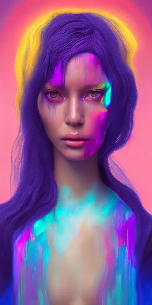 Image similar to 👾👗🛸🌈🧛🏾♀, phantom, dreary, dramatic, fluid, iridescent, golden ratio, artstation, moebius + loish + wlop, hd, oil painting, hyper realistic,