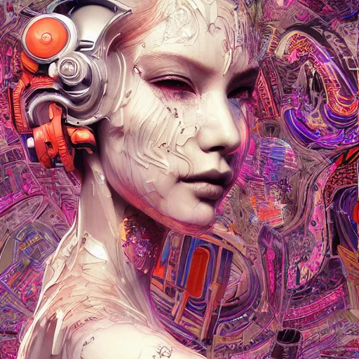 Prompt: the portrait of an absurdly beautiful, graceful, elegant, sophisticated, fashionable cyberpunk gravure idol, an ultrafine hyperdetailed illustration by kim jung gi, irakli nadar, intricate linework, bright colors, collage, porcelain skin, unreal engine 5 highly rendered, global illumination, radiant light, detailed and intricate environment