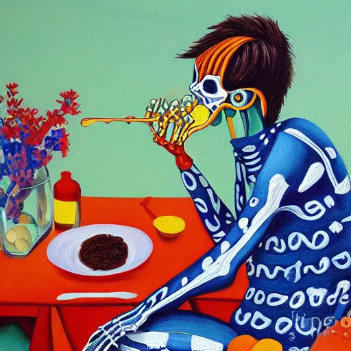 Image similar to a colorful painting of a cool anatomical skeleton eating raman at long beach, high noon