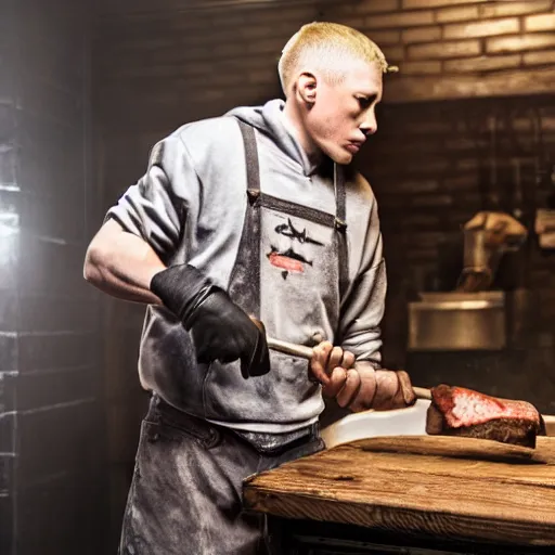 Prompt: Eminem as a butcher with axe in his hand, shot from professional camera, ultra realistic, rim light, beatiful vivid lights