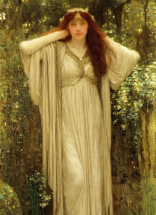 Prompt: galadriel of lothlorien, art by thomas cooper gotch and lawrence alma - tadema