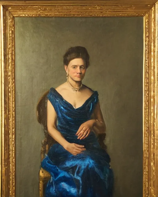 Prompt: an oil painting portrait of a woman in a starry blue gown