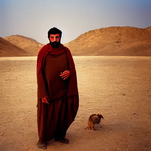 Image similar to portrait of stavros halkias as afghan man, green eyes and red scarf looking intently, photograph by steve mccurry