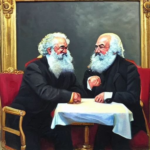 Prompt: oil painting of karl marx and emmanuel macron arm wrestling