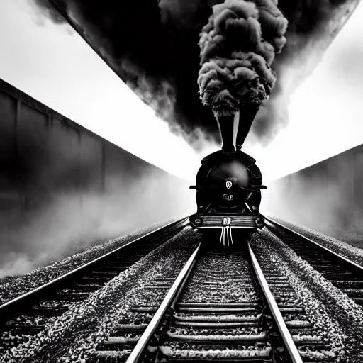 Image similar to a hyperdetailed black and white photograph of the flying scotsman on the rails producing lots of black smoke in an old timey city, night, dense fog, rain, hd, 8 k, cinematic, volumetric lighting