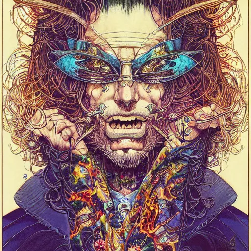 Prompt: portrait of crazy hippy man, symmetrical, by yoichi hatakenaka, masamune shirow, josan gonzales and dan mumford, ayami kojima, takato yamamoto, barclay shaw, karol bak, yukito kishiro