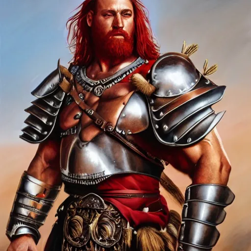 Image similar to bulky muscular scottish warrior with red hair and a kilt, tribal blood red war paintings on his chest, bronze plate armor, 4 k oil on linen by wlop, artgerm, andrei riabovitchev, nuri iyem, james gurney, james jean, greg rutkowski, highly detailed, soft lighting 8 k resolution