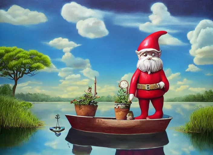 Image similar to a garden gnome sailing in a bucket, whimsical background of a reflective pond on a sunny day with dramatic clouds, an ultrafine detailed painting by mark ryden, trending on deviantart, pop surrealism, whimsical, lowbrow, joyous, perfect symmetrical face