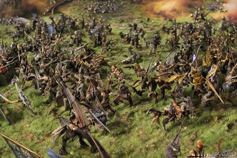 Prompt: photo taken of an epic intricate, ultra detailed miniature modular, battlefield diorama created by weta workshop, zoomed in shots focussing an army of high elves battling a horde of orcs, with highly detailed exquisitely painted 3 d printed characters, cinematic wide shot, photorealistic, sharp focus, f 0. 4, low angle shot, macro, golden ratio, golden hour