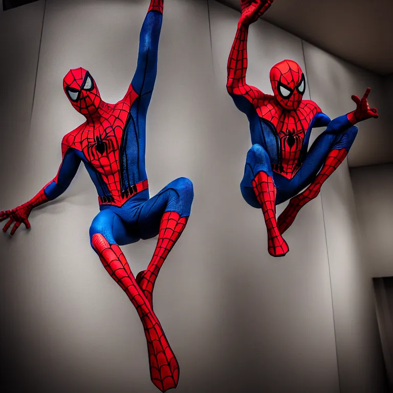 Image similar to spider man suit in a museum, realistic, hdr, dramatic lighting, photo, dslr photo, stunning image