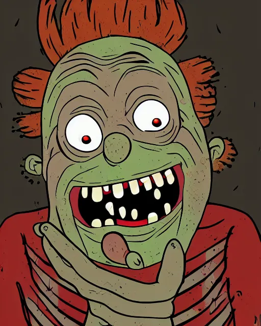 Image similar to portrait of an ugly old possessed crying clown in the style of justin roiland. ugly, creepy, demonic, horror. cinematic lighting. photographic, photography. by justin roiland