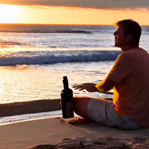 Image similar to a man sitting on the beach, drinking a bottle of bird-dog whiskey at sunset. High detail, 4k