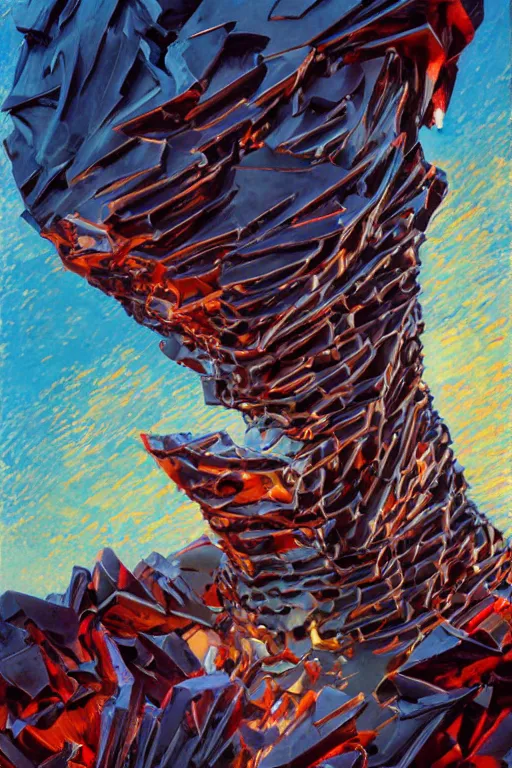 Image similar to realistic 8k Umberto Boccioni Sculpture of random jagged reflective metal pieces forming the shape of a person silhouetted by a bright red sun, volumetric god rays, glinting metal, neon colors, cyberpunk, smooth, sharp focus, 24mm lens, DOF, hyper realistic, art by Greg Rutkowski and Ruan Jia and Giger