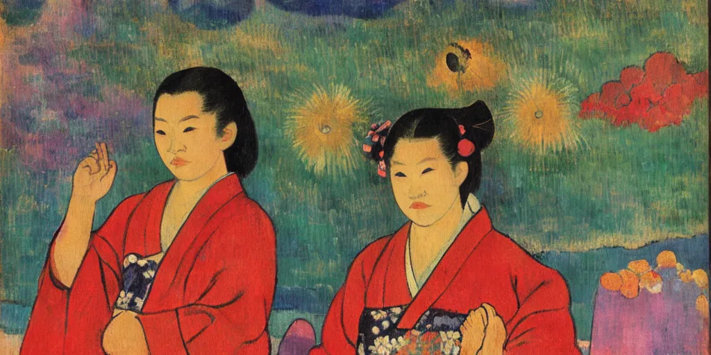 Prompt: a painting of a girl in a yukata pointing at fireworks, gauguin style